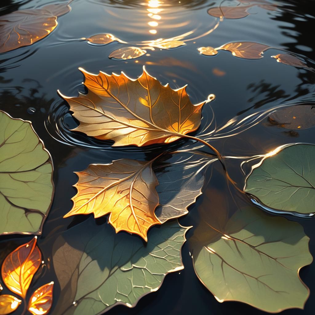 Glowing Leaf on River in Art Nouveau Style
