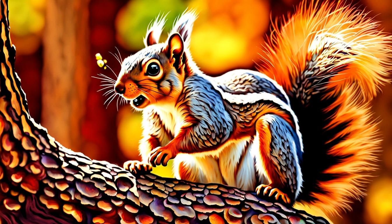 Squirrel Juggling Acorns: Airbrush Art in Deep Saturation