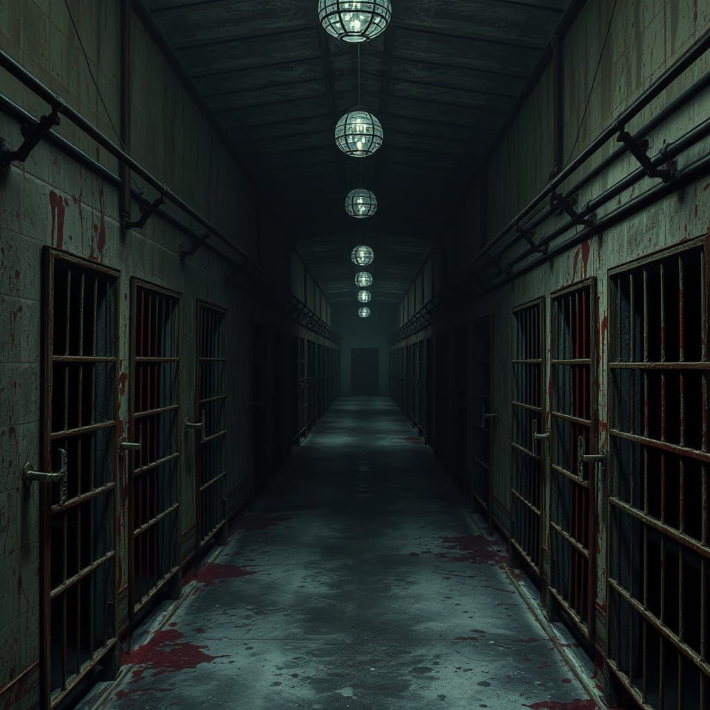 Abandoned Prison Interior in Surrealist Horror Style