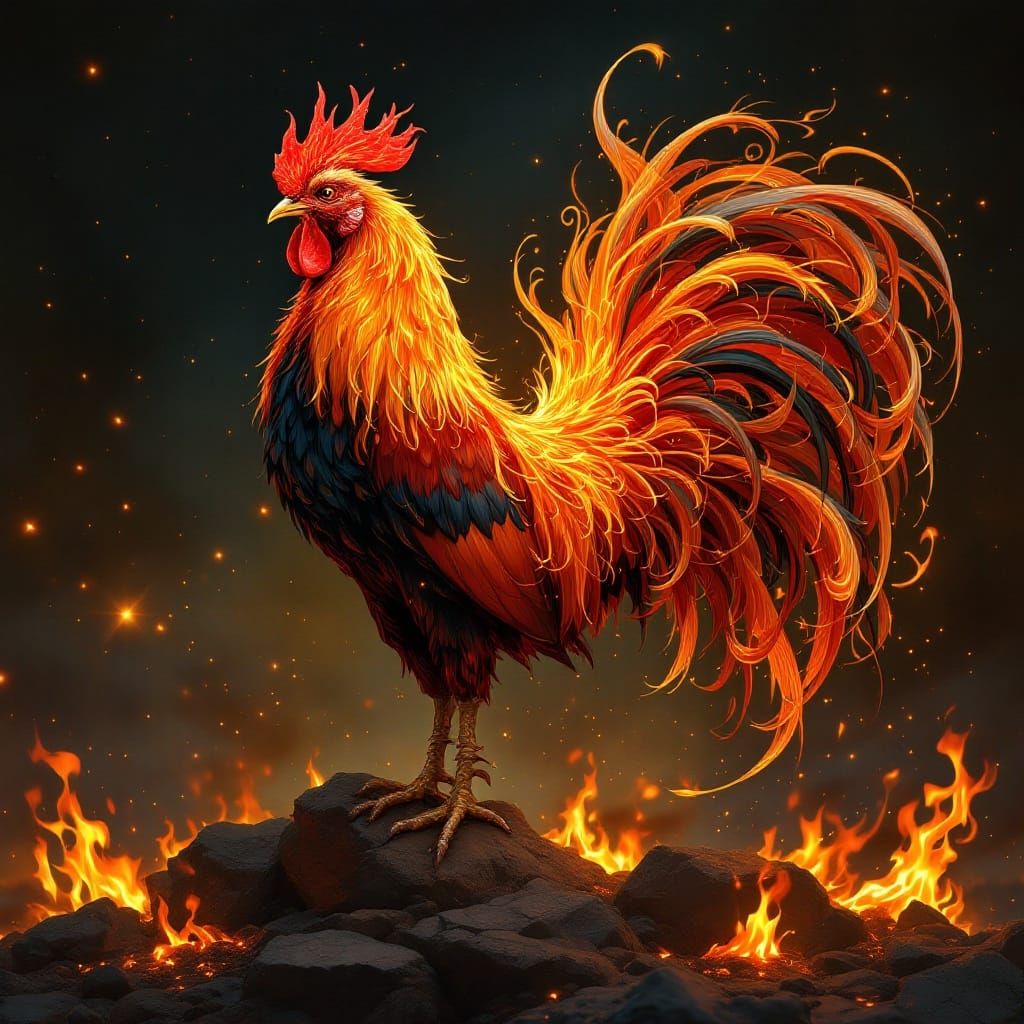 Fiery Rooster in Elegant, Swirling Flames