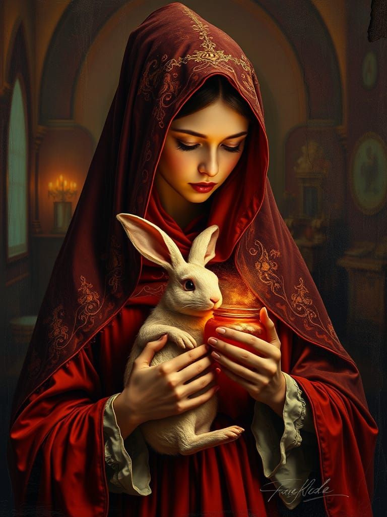 A Young Priestess Holding a Ruby Rabbit in a Faded Temple