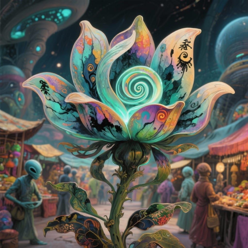 Bioluminescent Alien Flower at Exotic Marketplace