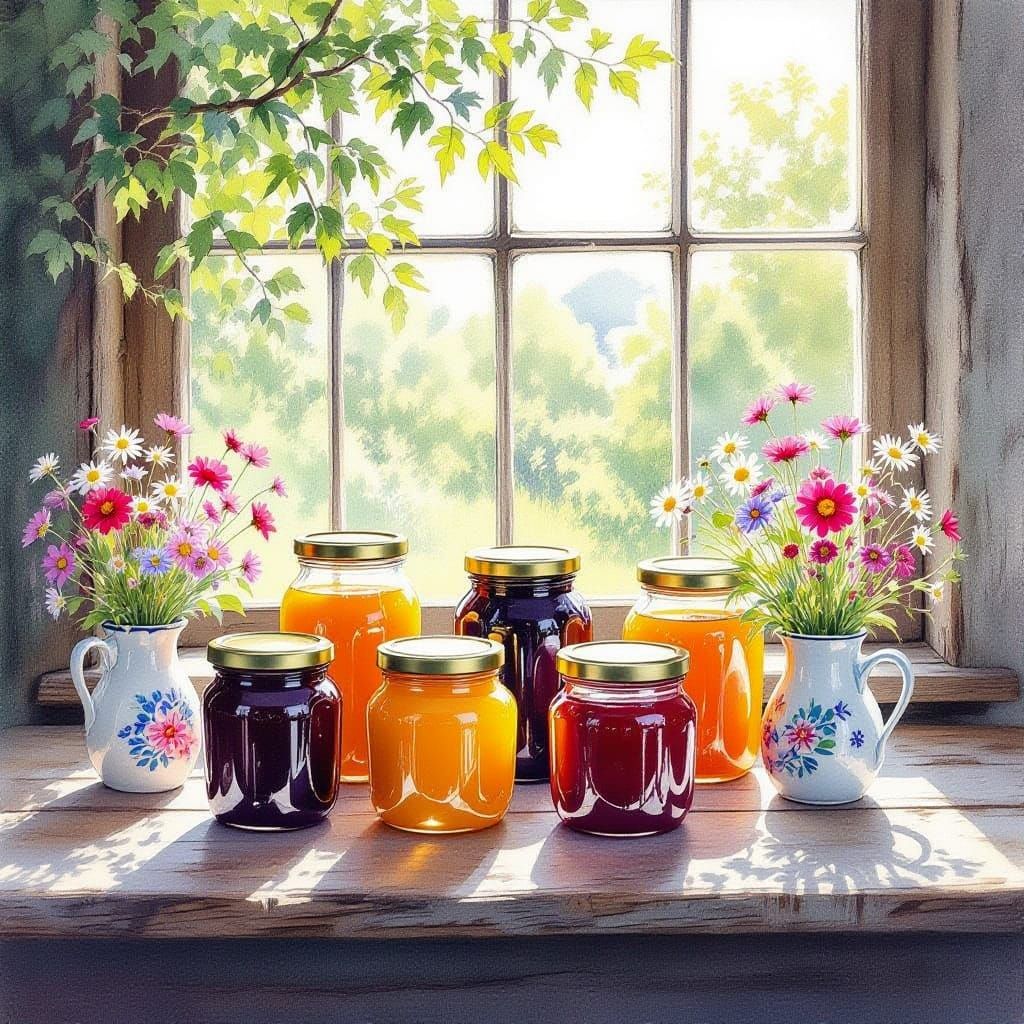 Ethereal Watercolor Still Life of Fruit Preserves and Wildfl...