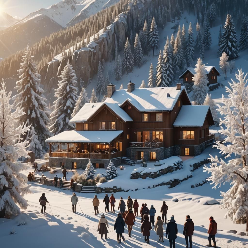 Christmas Celebration in Snowy Mountains: Hyperrealistic Sce...