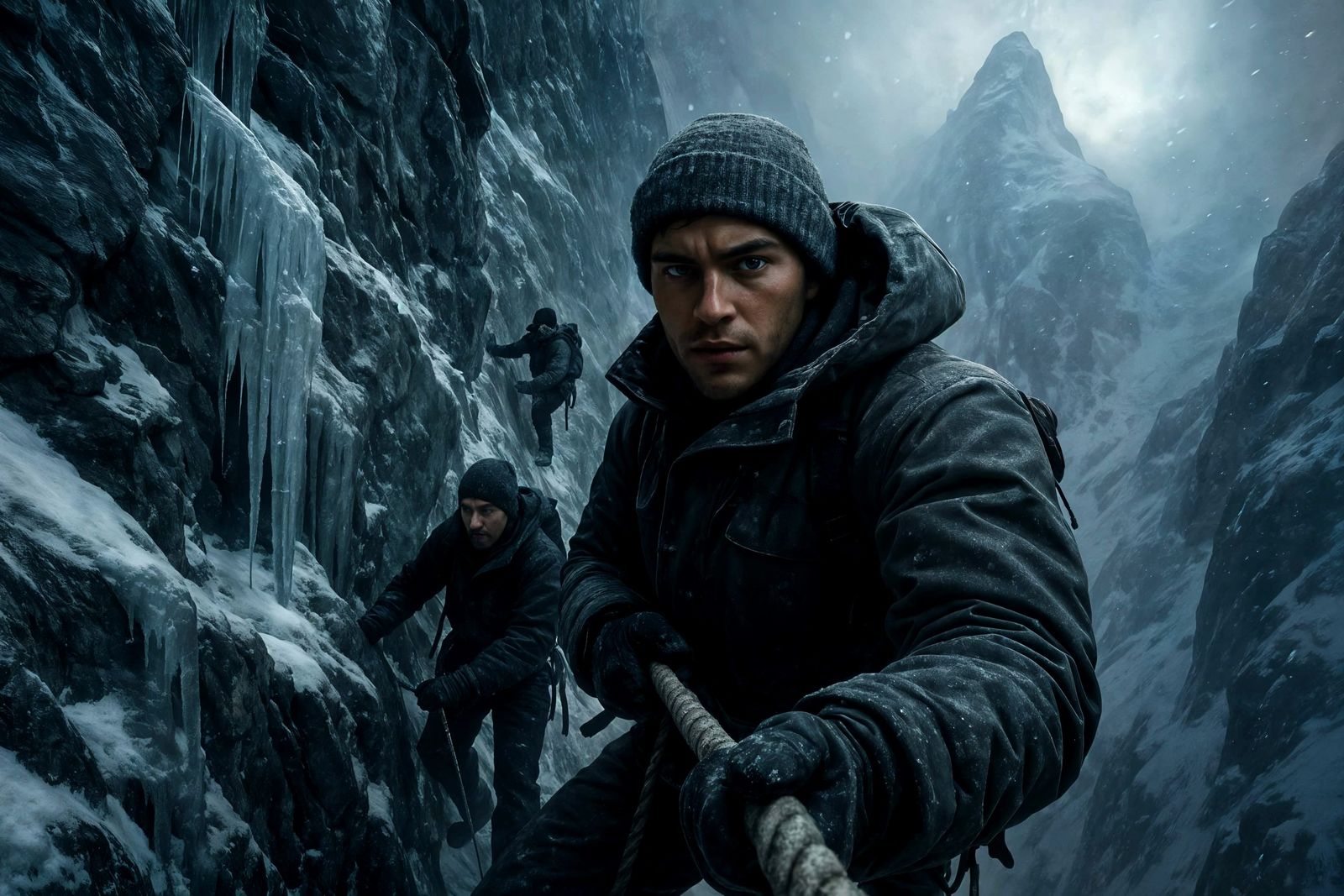 Mountaineers Ascend Icy Peak in Cinematic Style