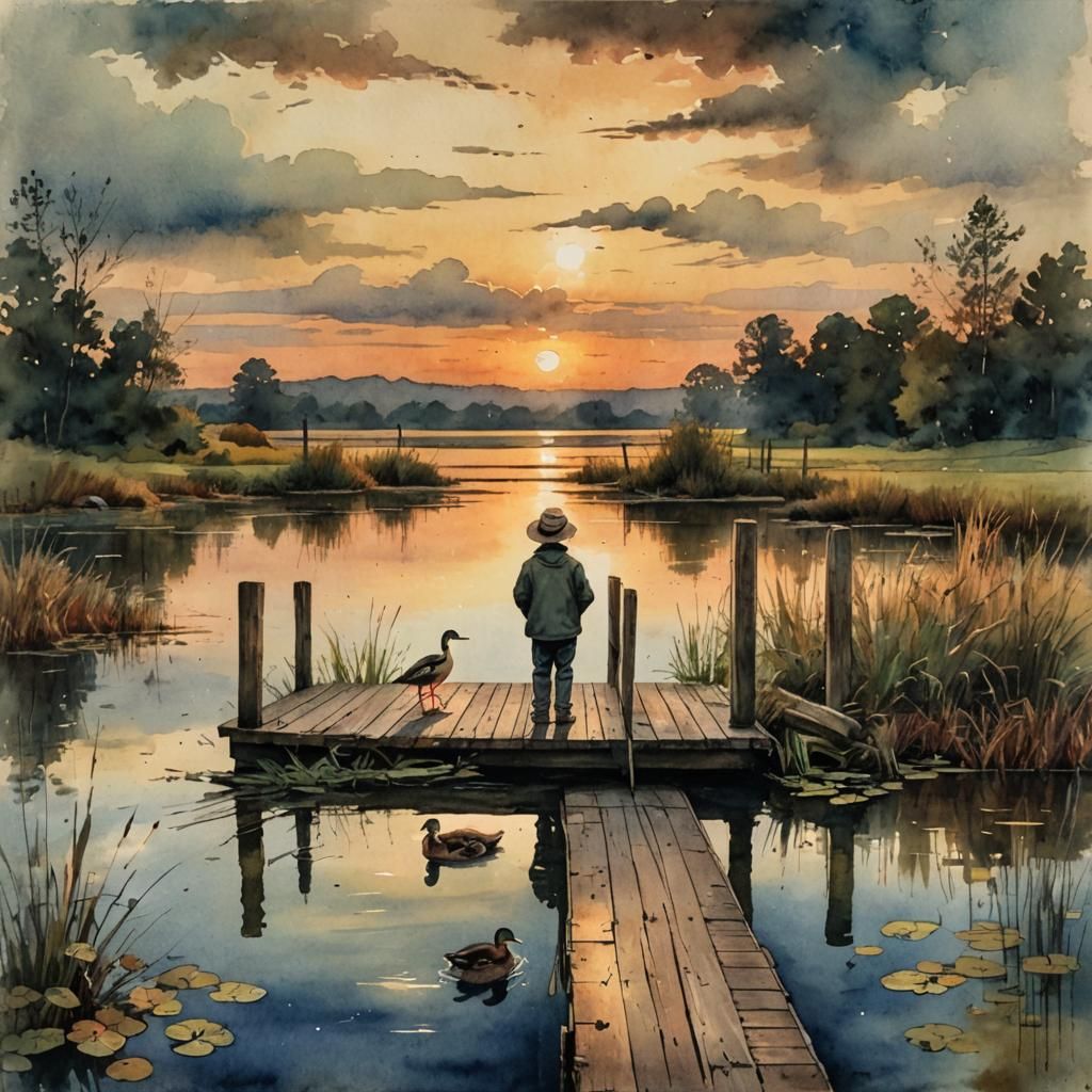 Antique Watercolor Sunset Over Pond With Boy