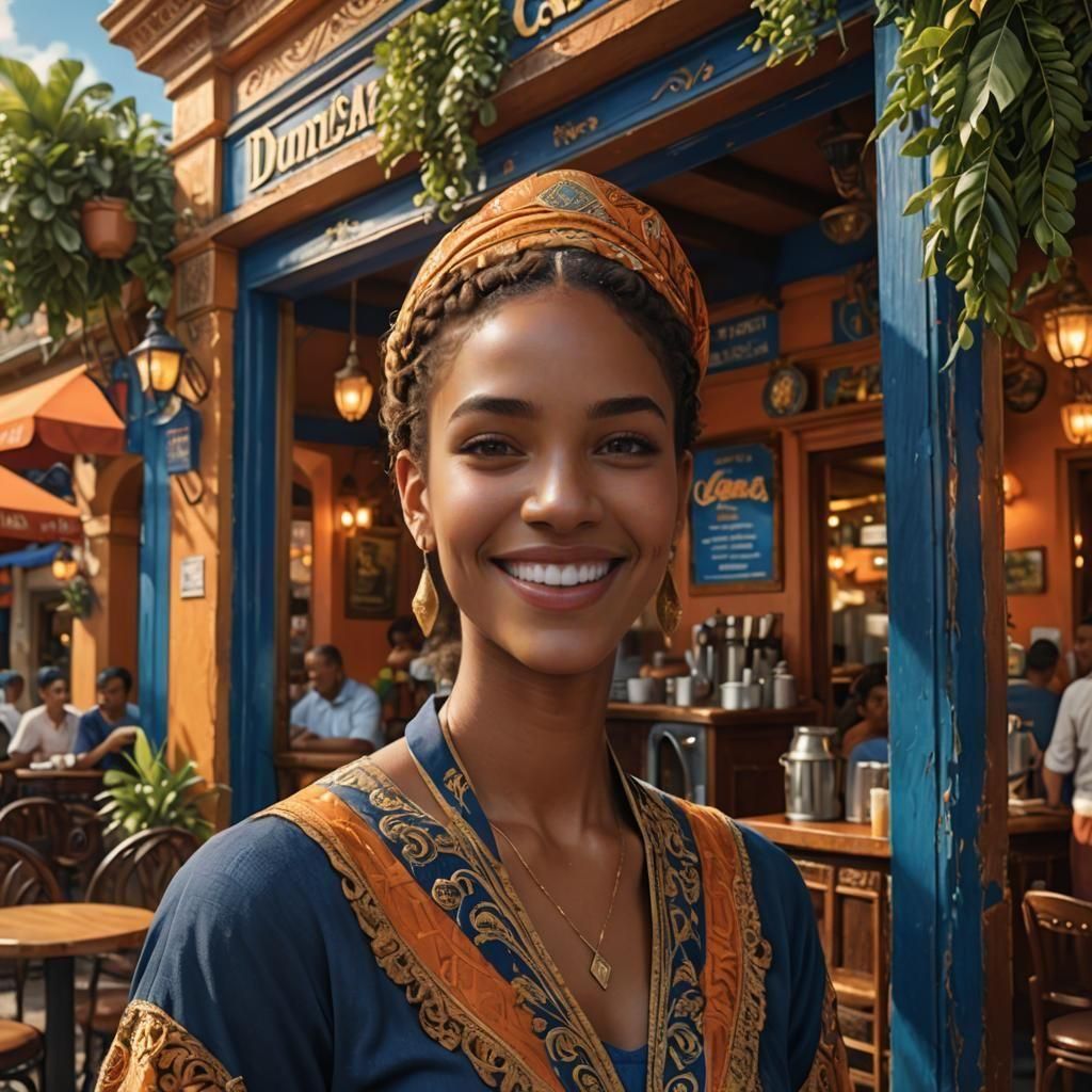 Dominican Woman Smiling in Cafe: Photorealistic Portrait