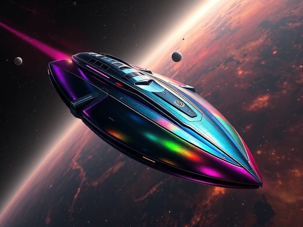 Cyberpunk Spacecraft Takes Flight in Vibrant Hues