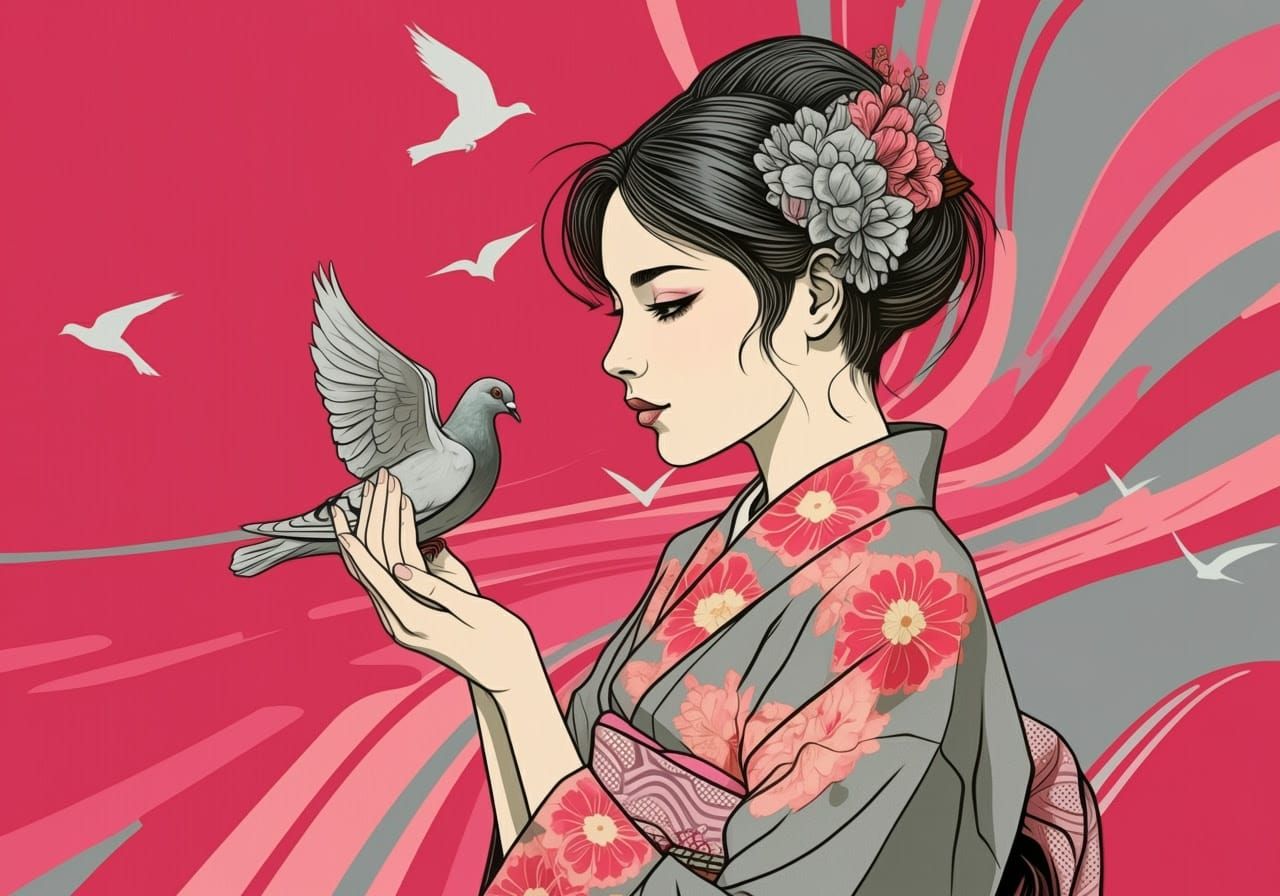 Grey Dove in Vibrant Floral Kimono