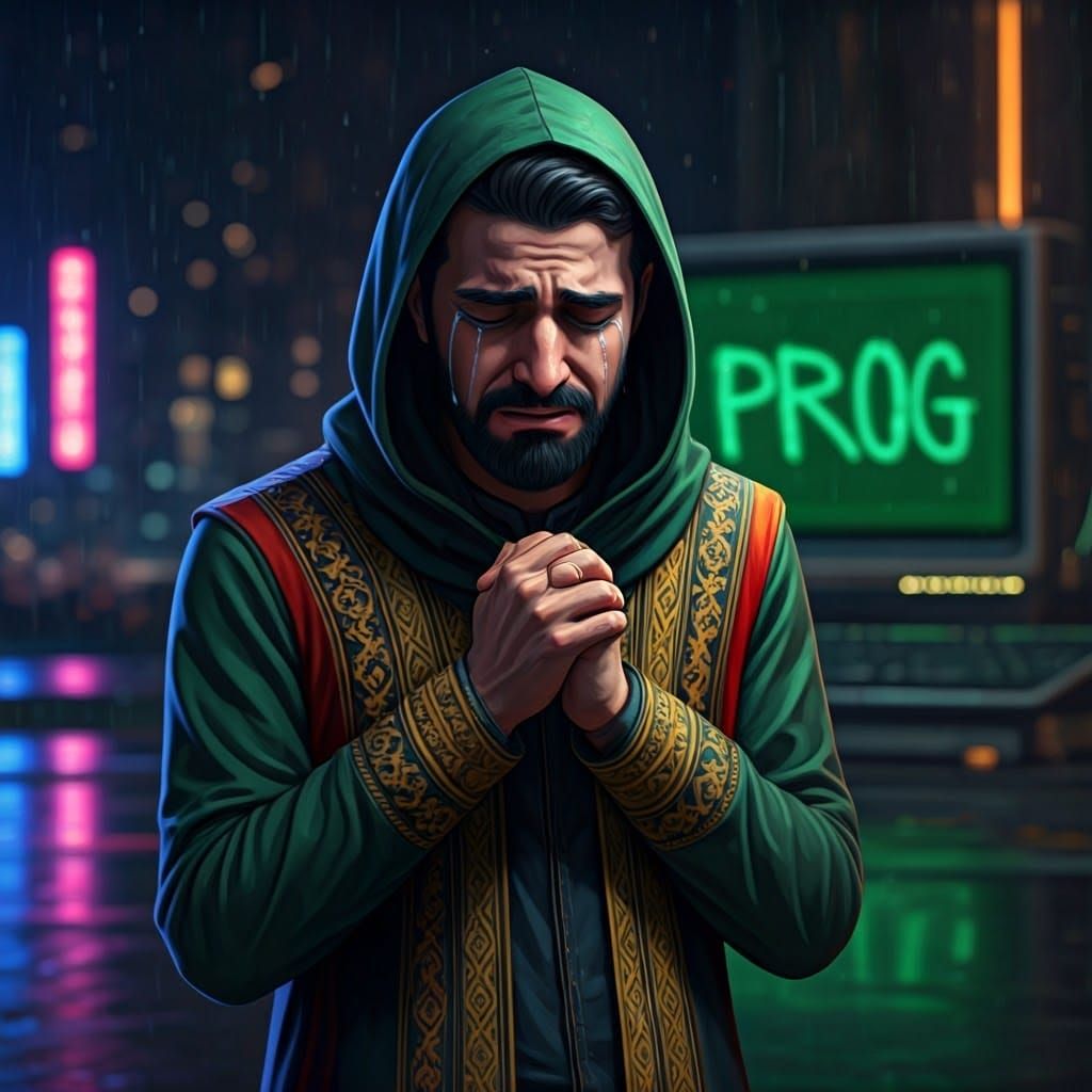 Distressed Iranian Hacker in 3D Anime Style