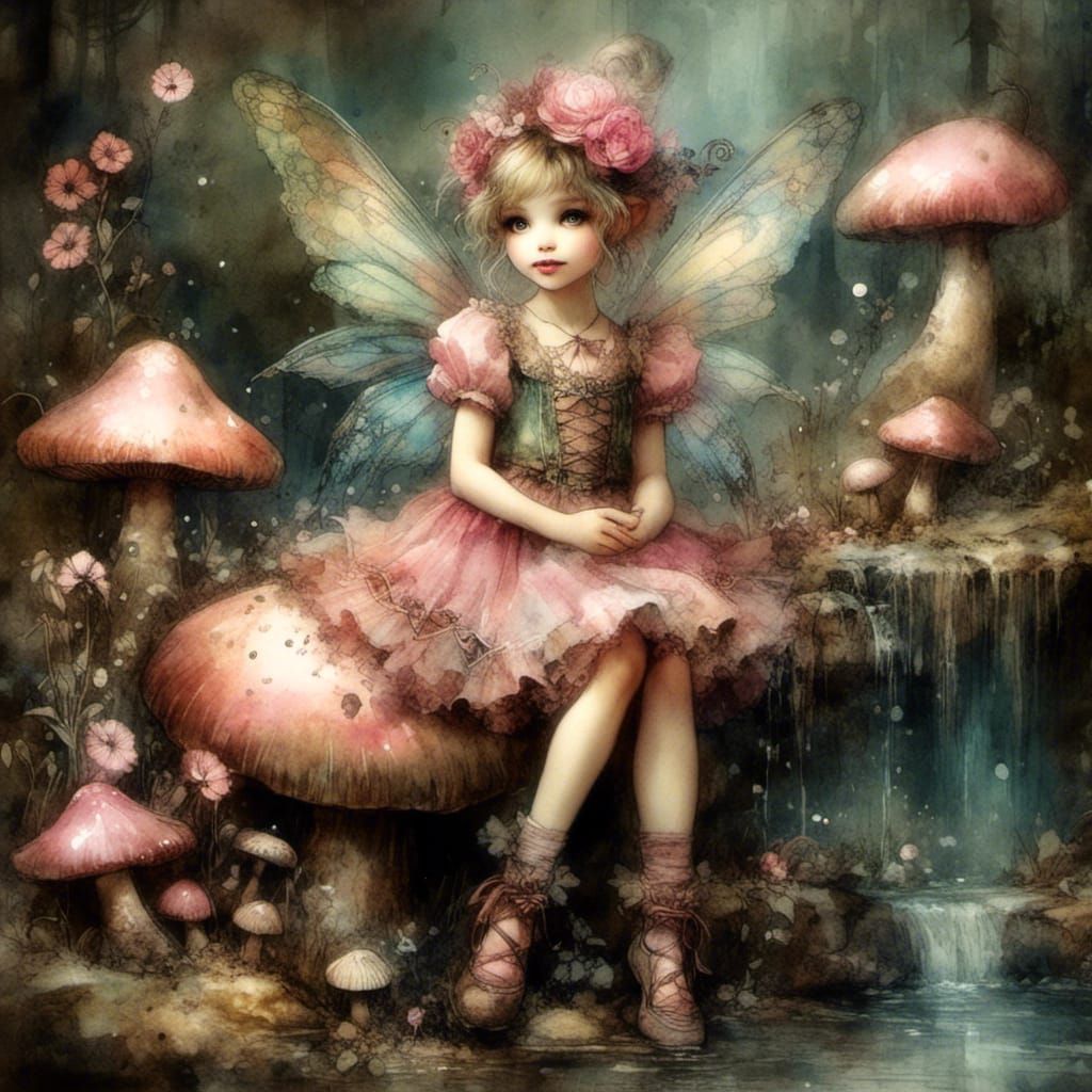 Cute Pixie on Pink Mushroom Watercolor Painting
