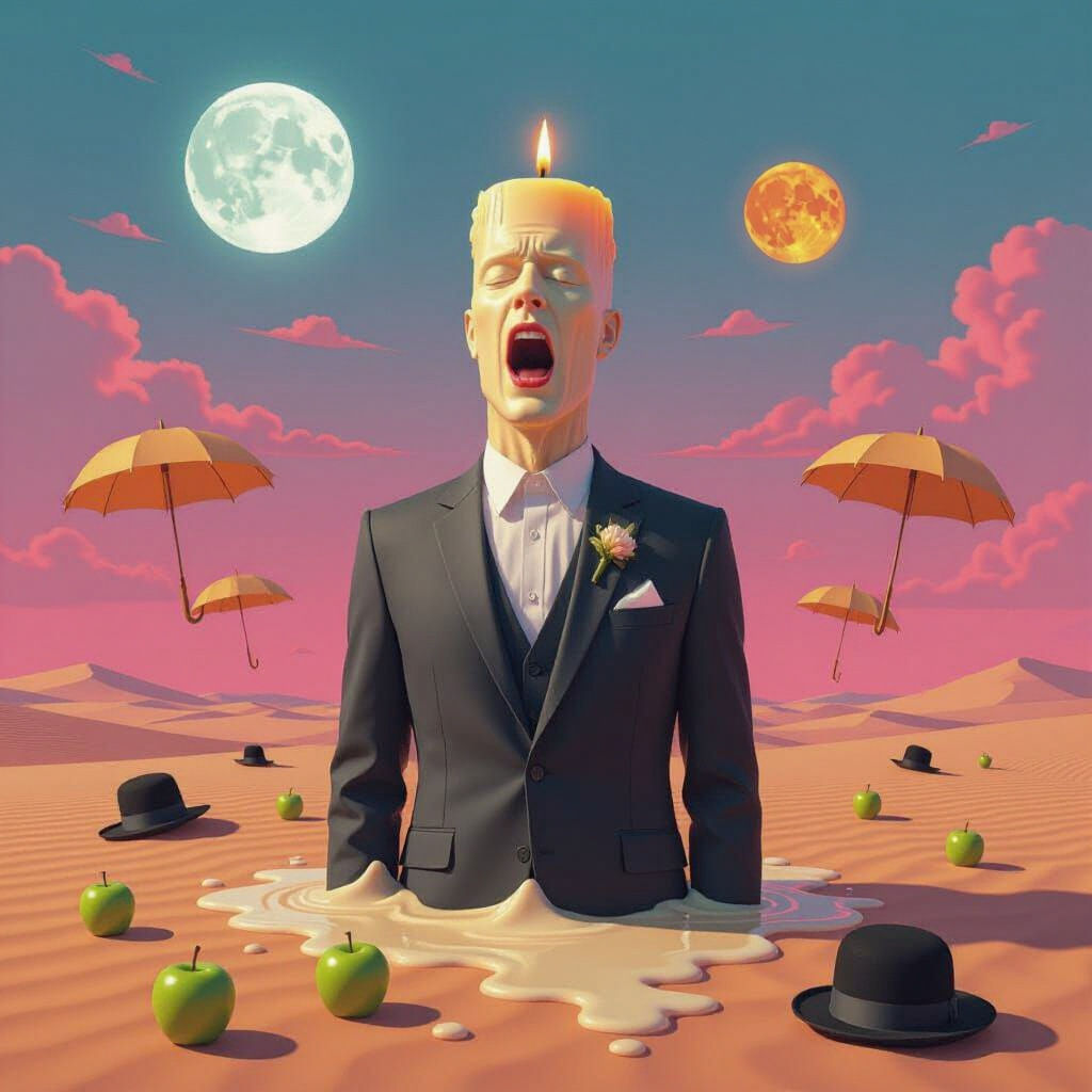 Melting Candle Man in Surreal Desert Landscape