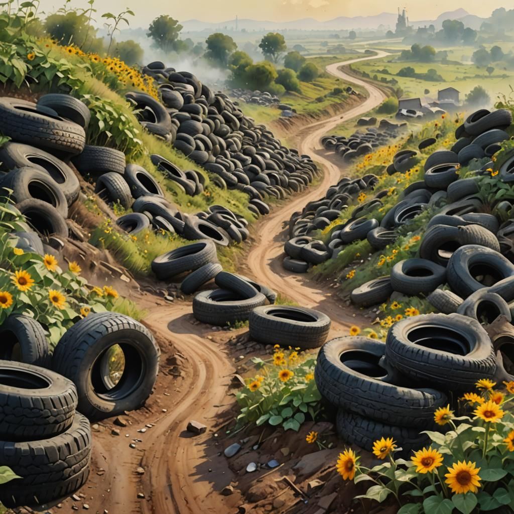 Winding Path Through Tire Landscape, Watercolor Photorealism