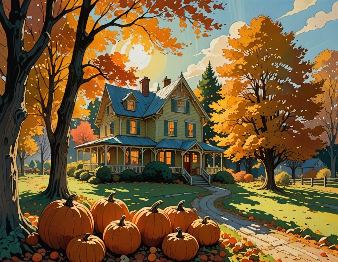 Dreamy Autumn Country House with Sunlit Pumpkins