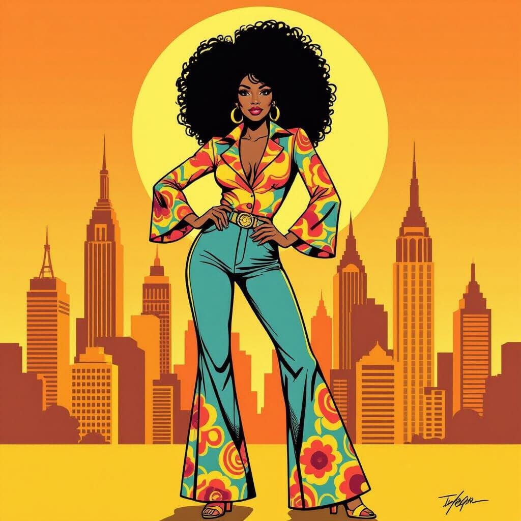 1970s Fashion Ad: Stylish Woman in Psychedelic City