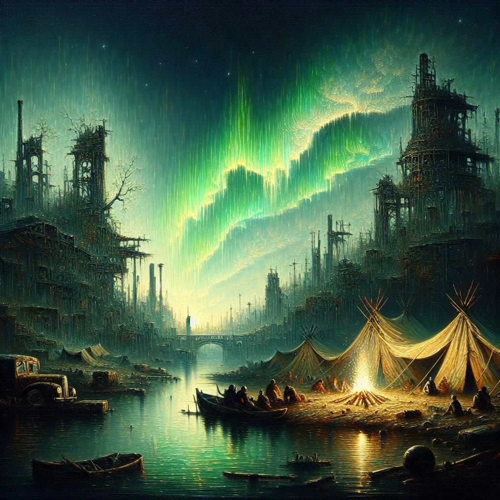 Post-Apocalyptic Lakeside Sanctuary: Resurgence in Oil Paint...