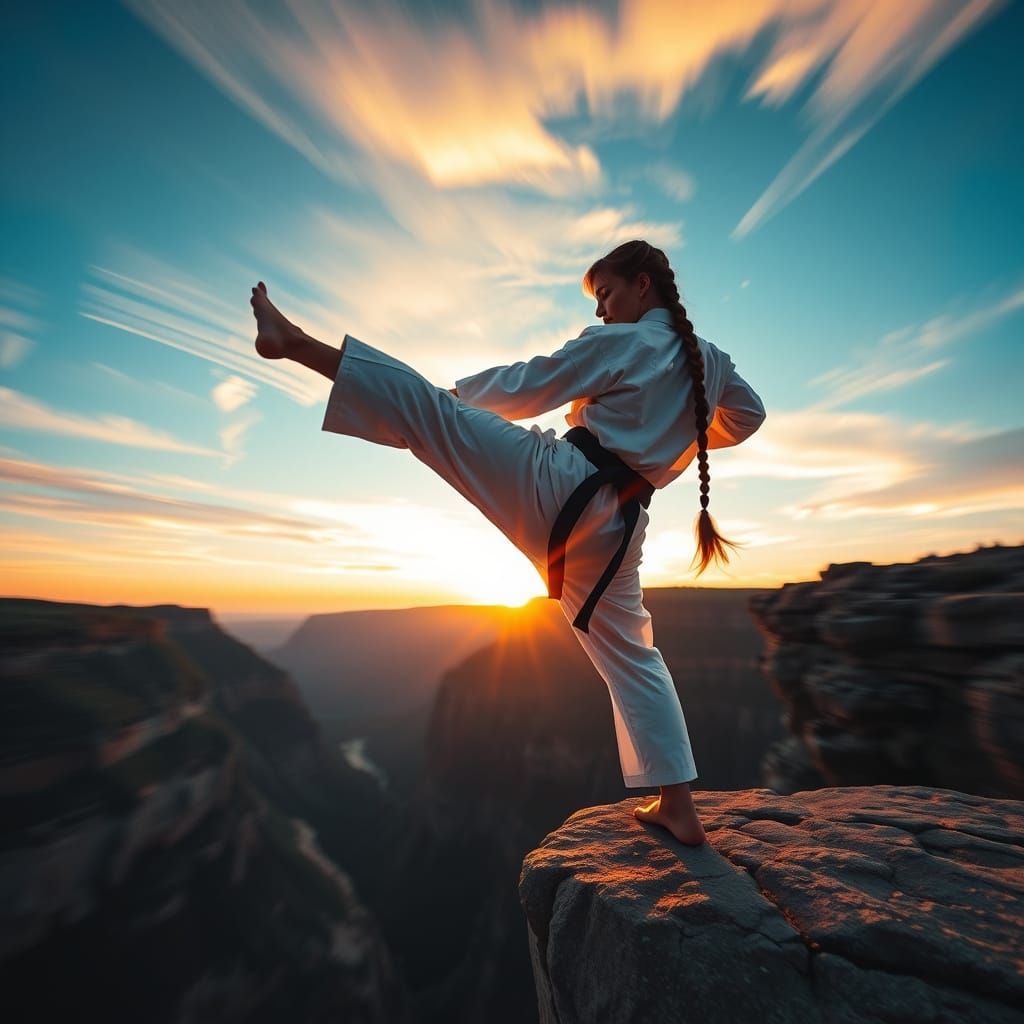 Silhouette of Karate Fighter Training at Sunrise