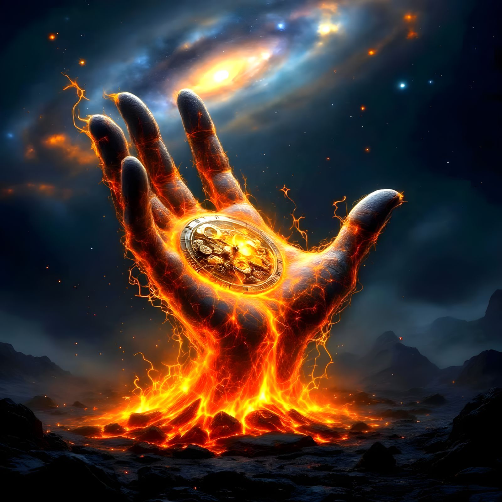 Fiery Hand Clock Rising from Volcano Embers