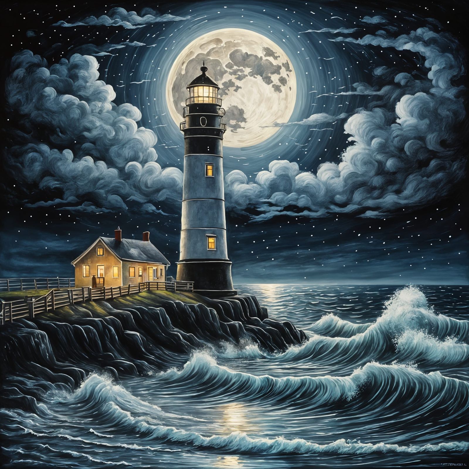 Moonlit Lighthouse Serenity in Pastel Chalk