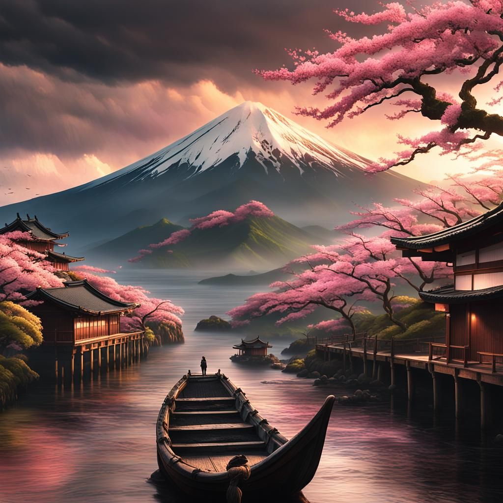 Majestic Mt. Fuji at Sunset Along Japanese Coastline