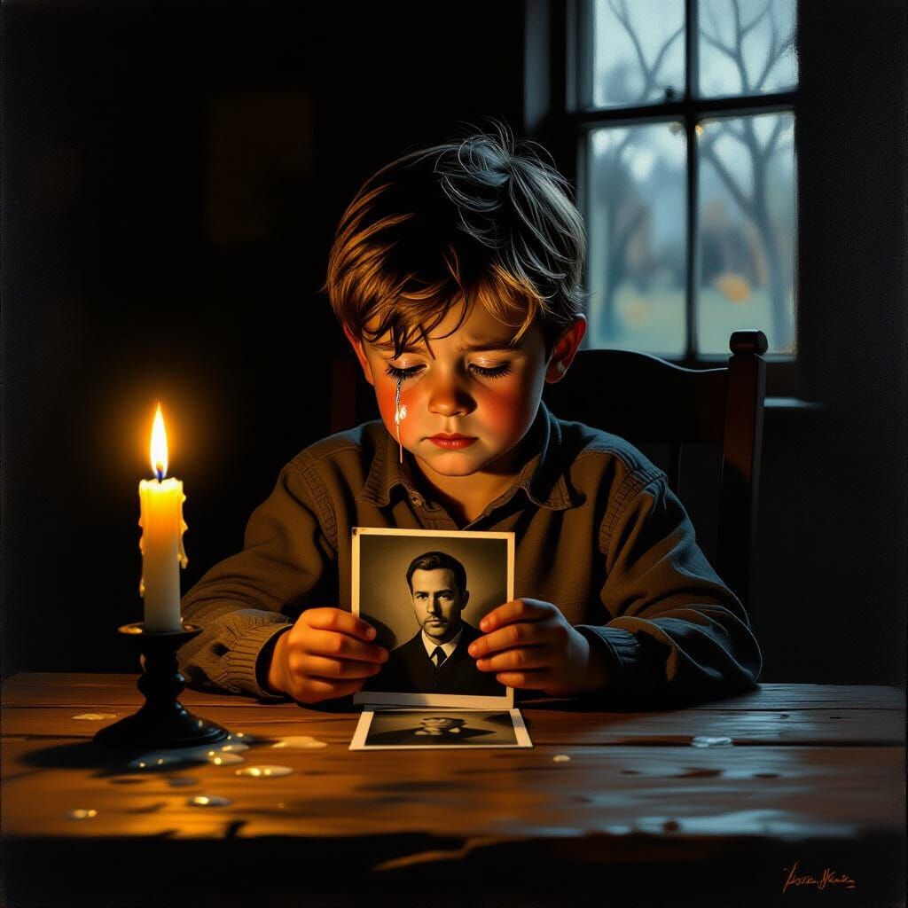 Boy with Photograph in Candlelight