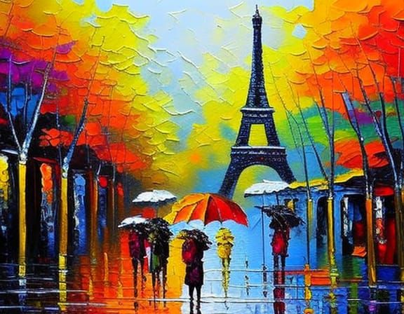 Rainy Paris Street Scene in Expressionist Oil