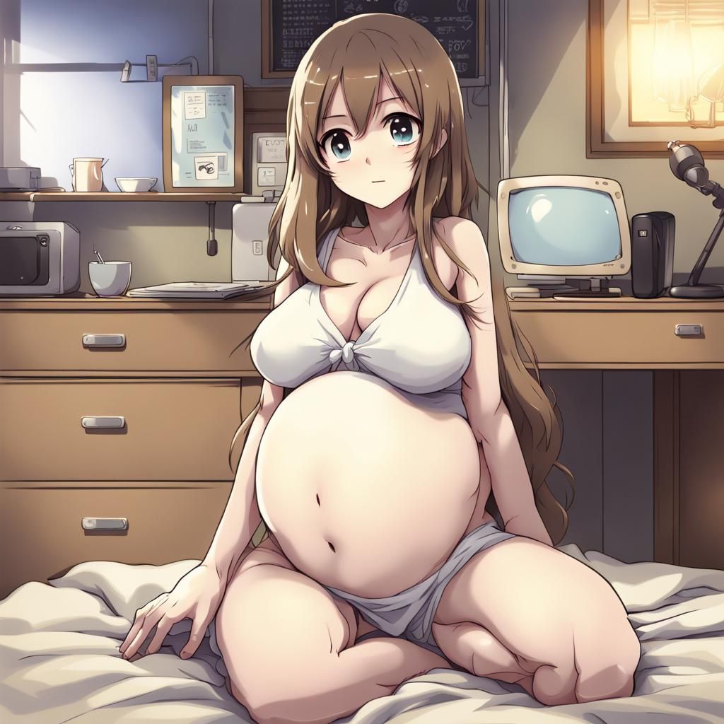 Anime Girl Displays Pregnant Belly in Manga Style