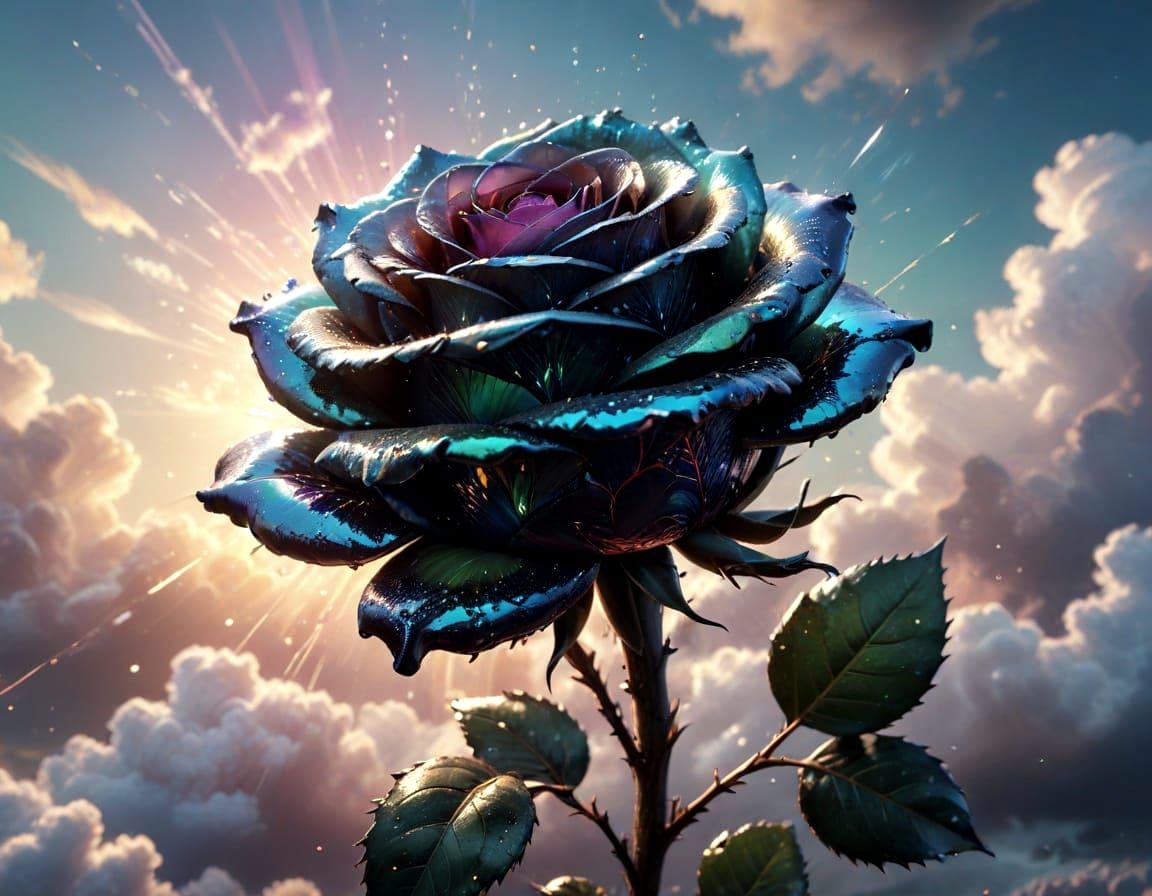 Hyperrealistic Black Rose in Iridescent Bloom