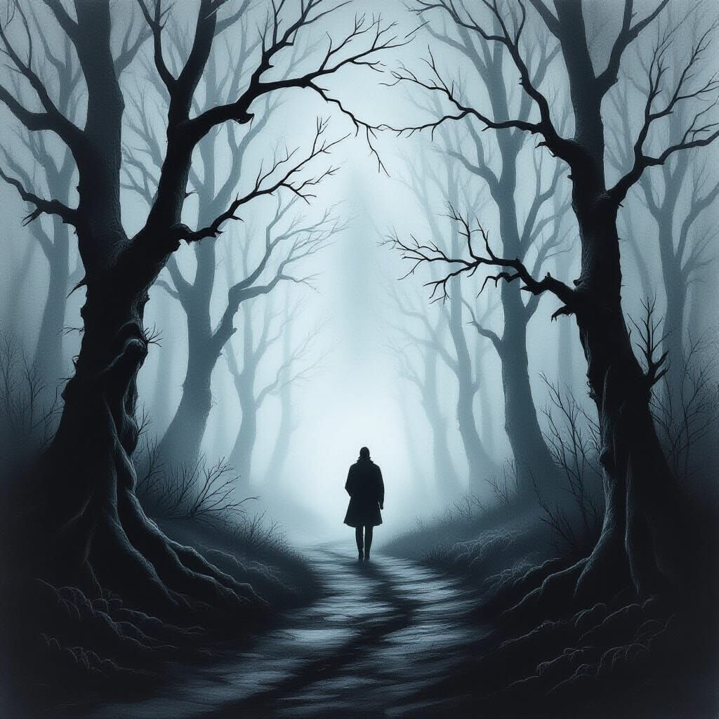 Figure Walks Through Luminous Fog in Charcoal Style