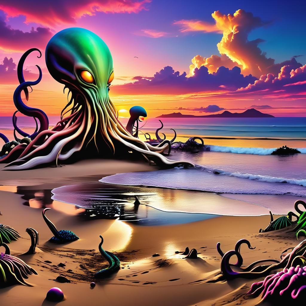 Alien Beach Sunset: Surreal Digital Art