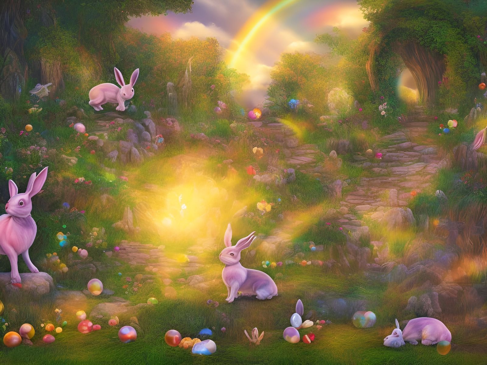 Fantasy Easter Garden with Dancing Rabbits
