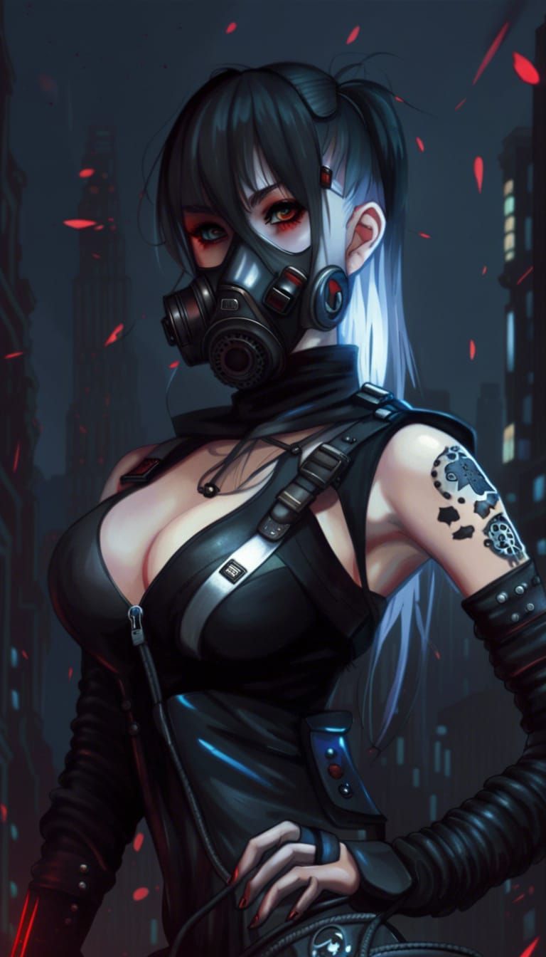 Cyberpunk Anime Girl with Red Eyes and Gas Mask