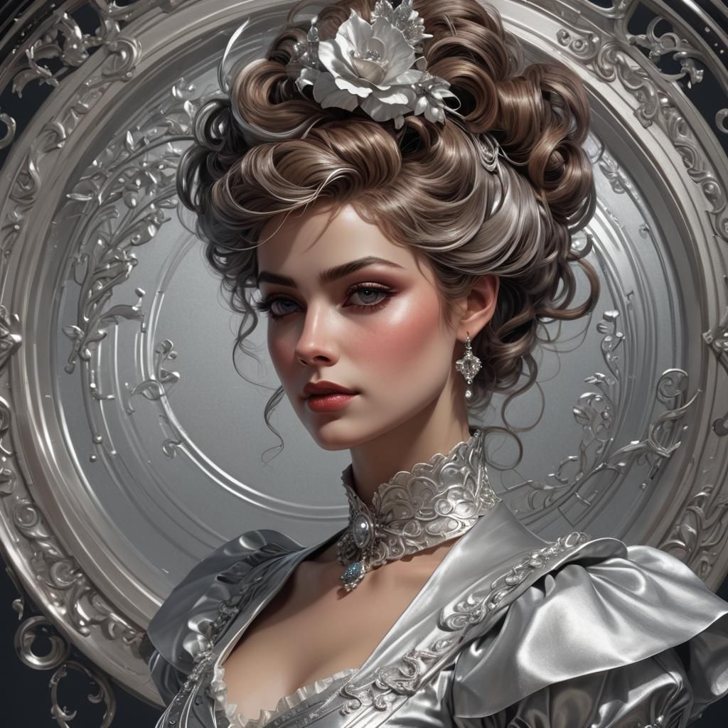 Gibson Girl Portrait in Silver, Hyperdetailed Art