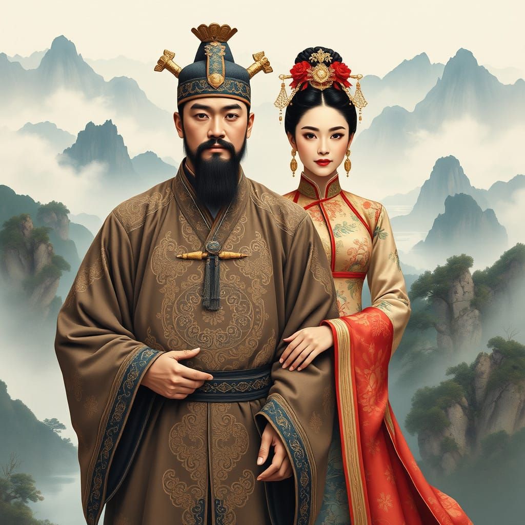 Chinese Warlord and His Elegant Wife in Majestic Landscape
