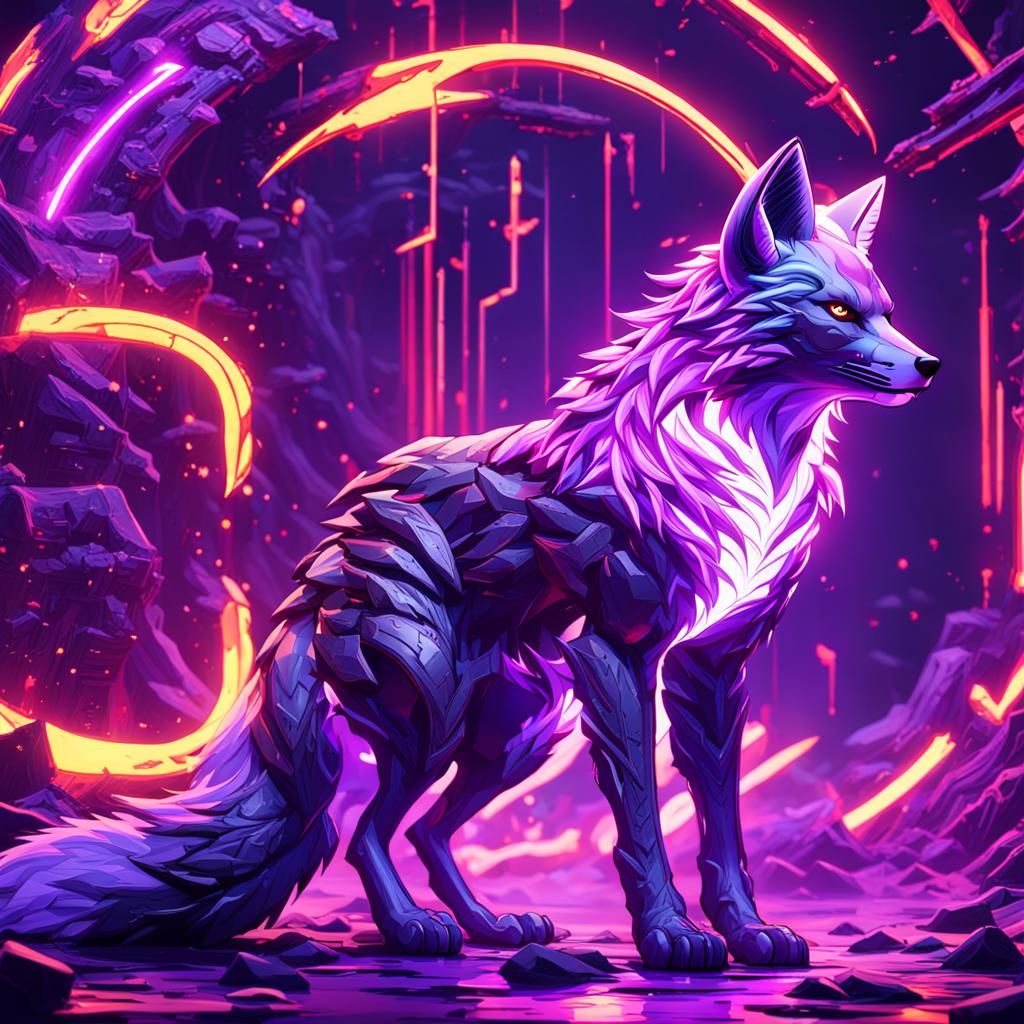 Neon Fox with Red Lightning, Detailed Fantasy Art