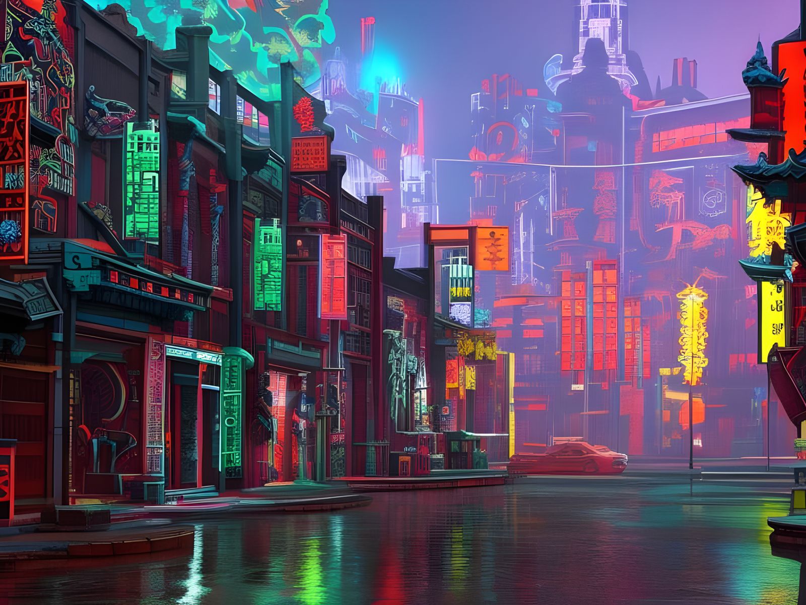 Neon Chinatown Dragon Graffiti in Cyberpunk Style