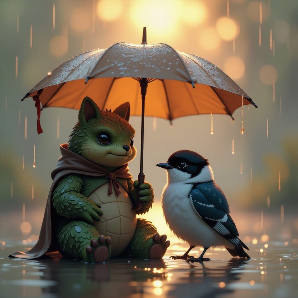 Stone Creature and Glimmering Bird Under Tattered Umbrella