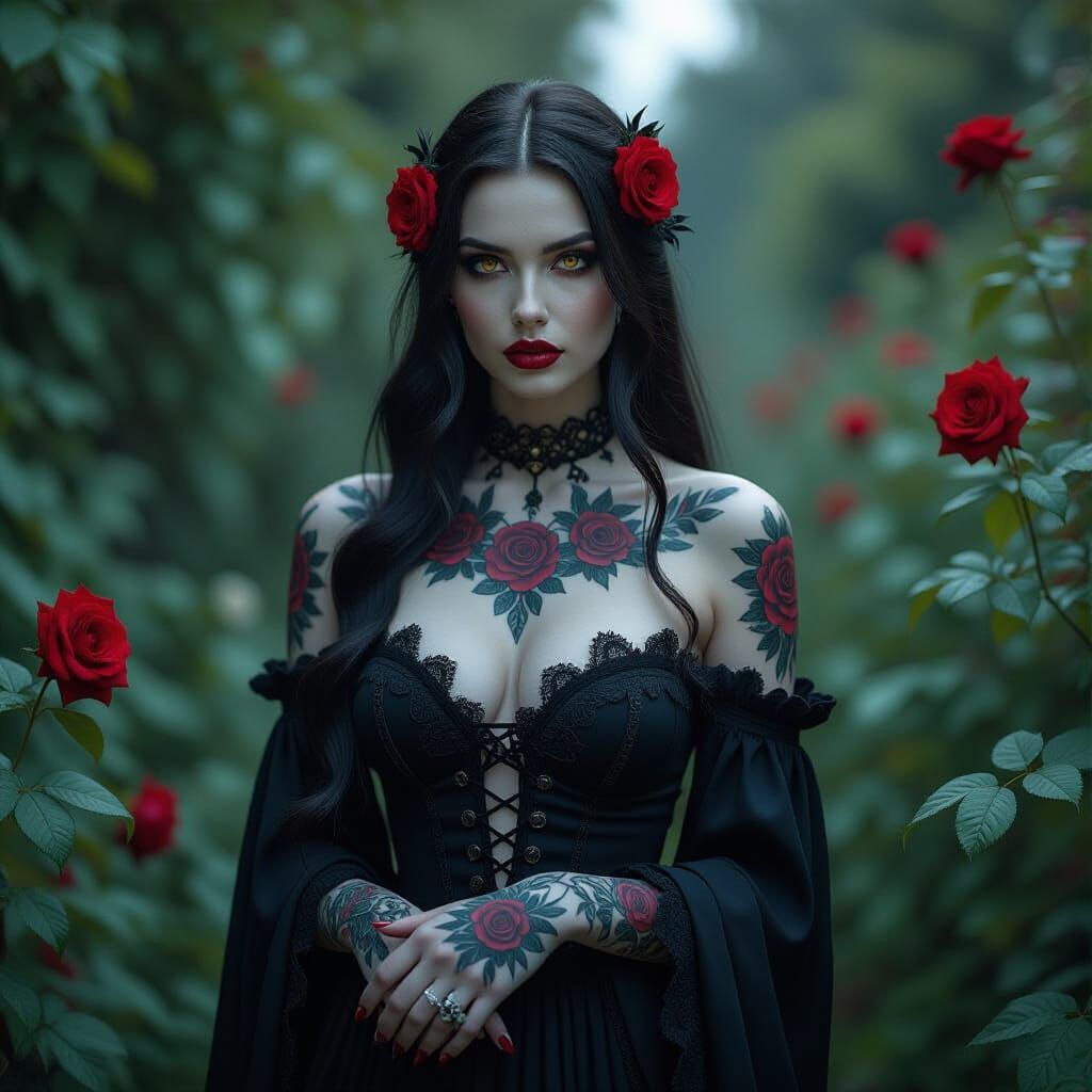 A breathtakingly beautiful gothic woman stands in a moonlit ...