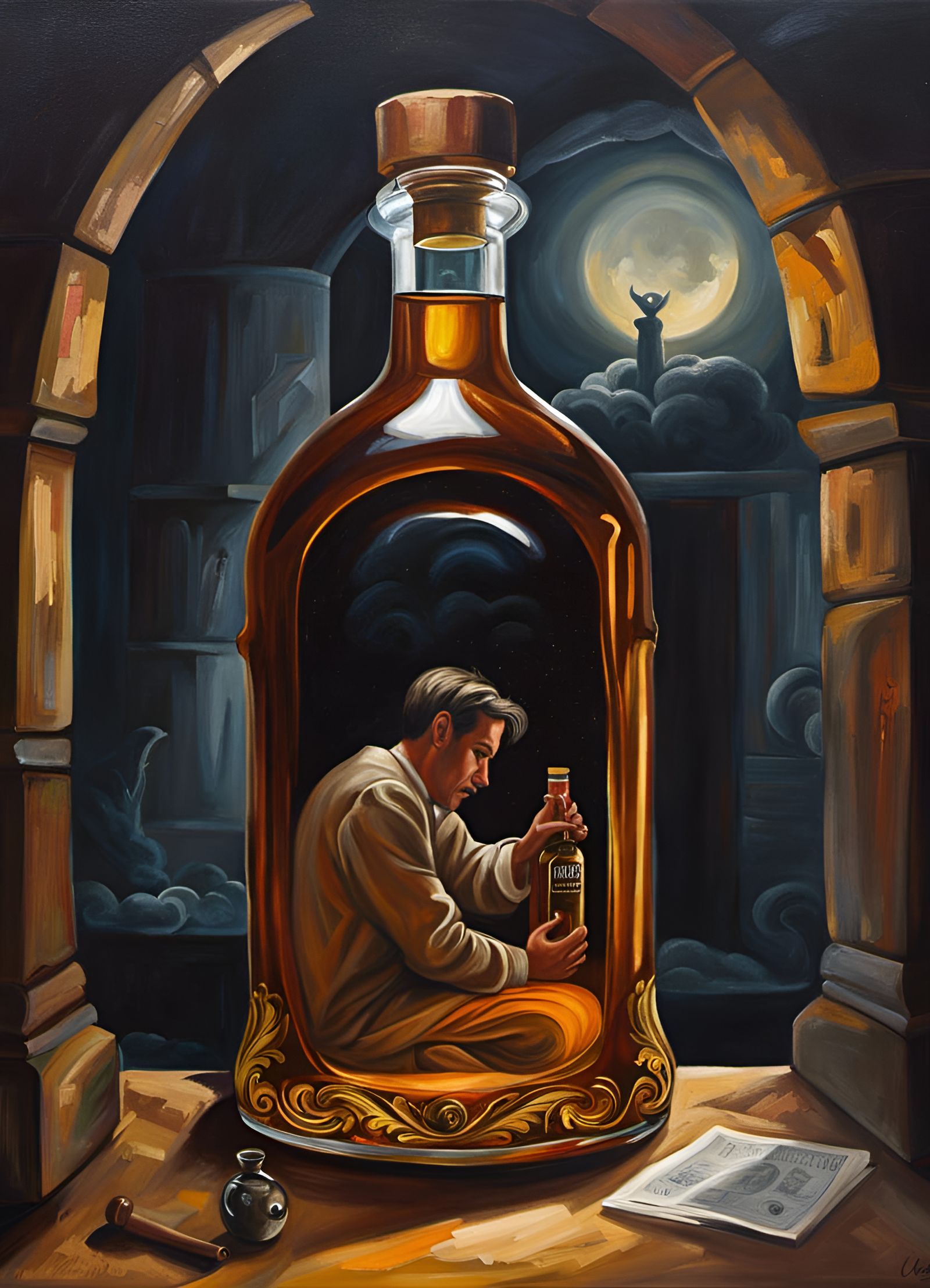 Man Trapped in Whiskey Bottle Oil Painting