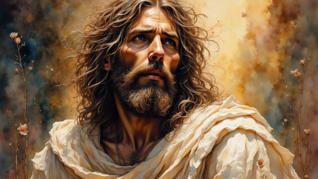 Macro Portrait of Jesus in Watercolor Style