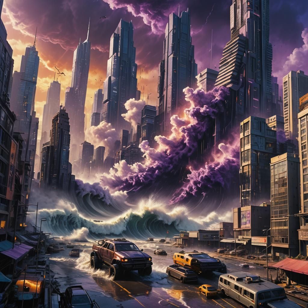 Tsunami Devastates Futuristic City: Apocalyptic Matte Painti...