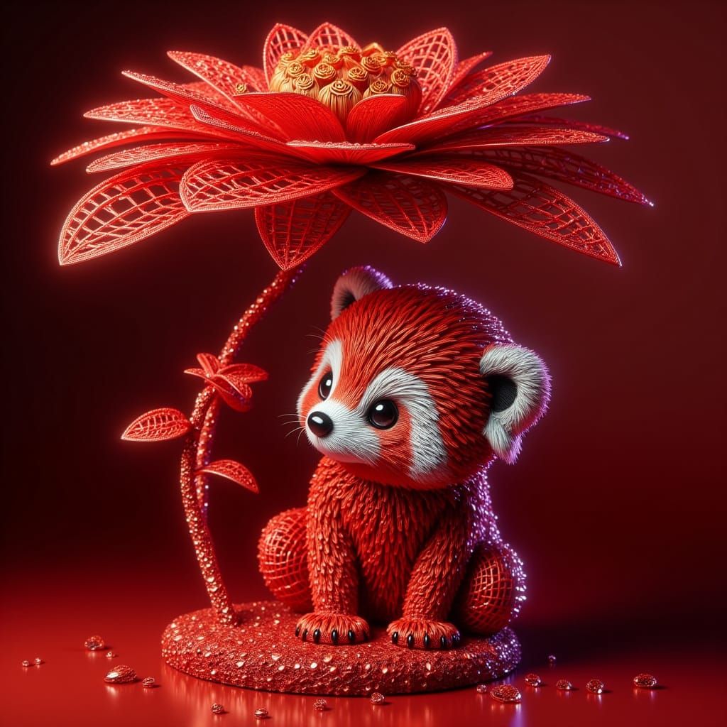 Red Panda Wire Sculpture Under Flower