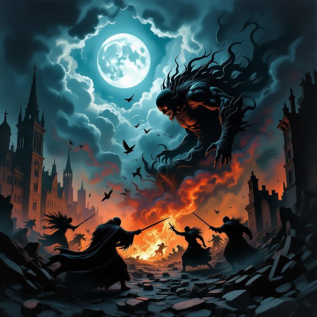 Gothic Ink Drawing of Chaos and Mayhem