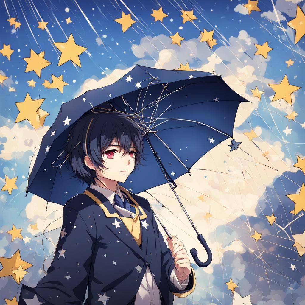 Anime Boy with Starry Umbrella in Starry Rain