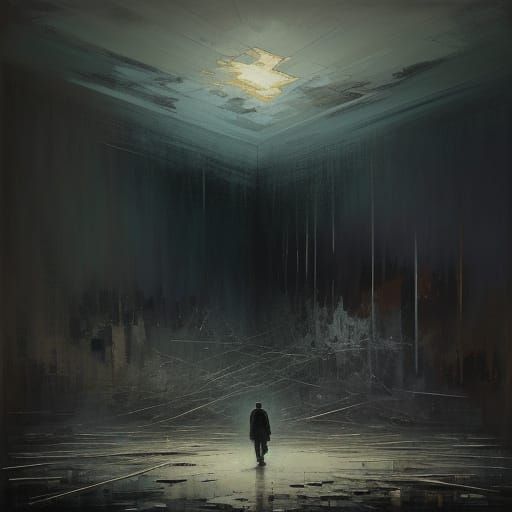 Oil Painting of Solitary Figure Amidst Shattered Dreams