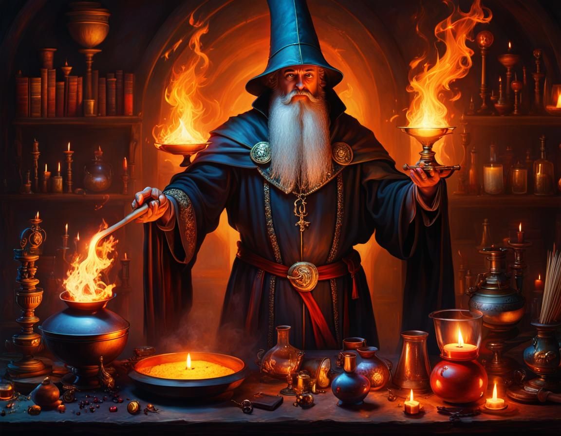 Medieval Wizard in Alchemist Laboratory, Hyperrealistic Art