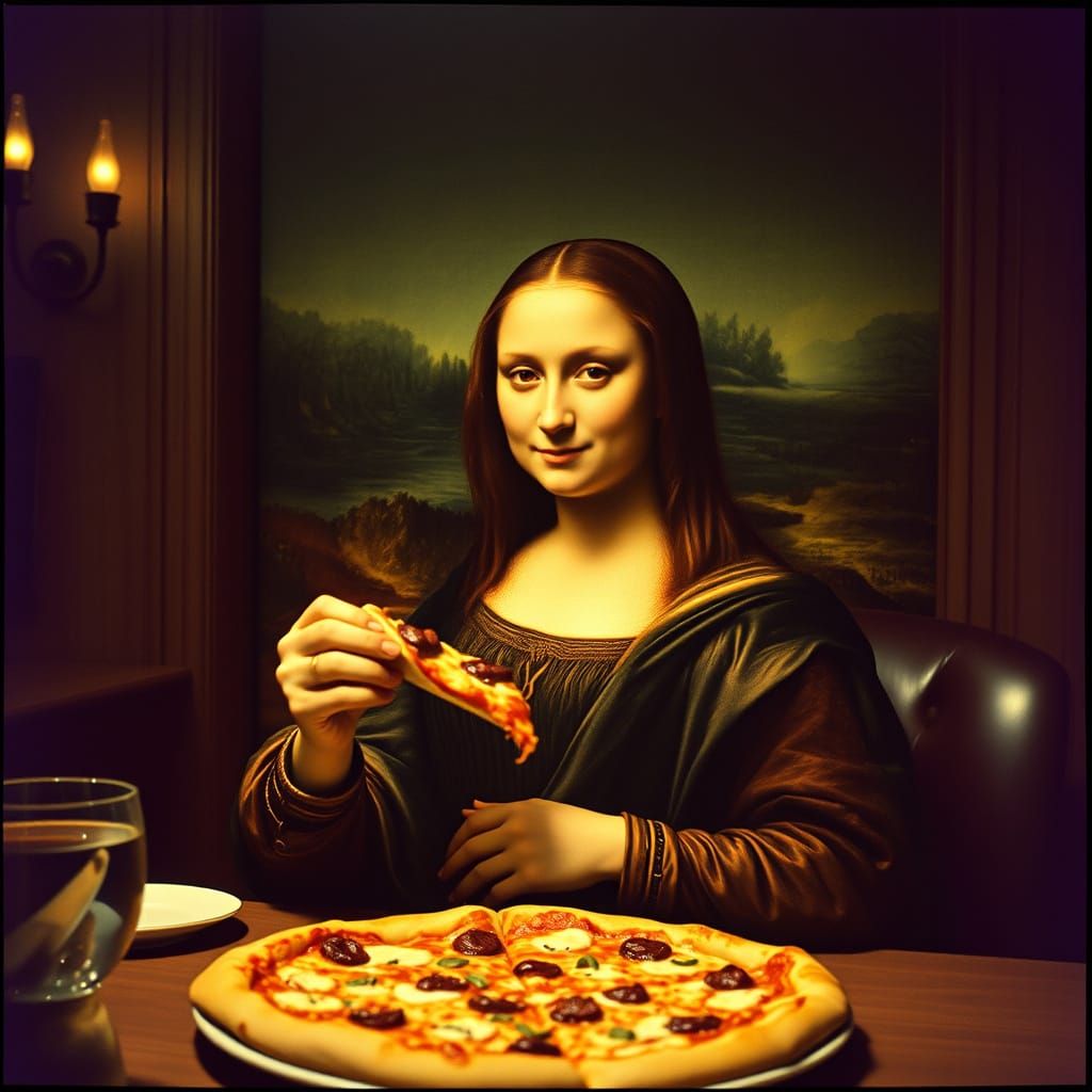 Mona Lisa Eating Pizza: A Cinematic Still