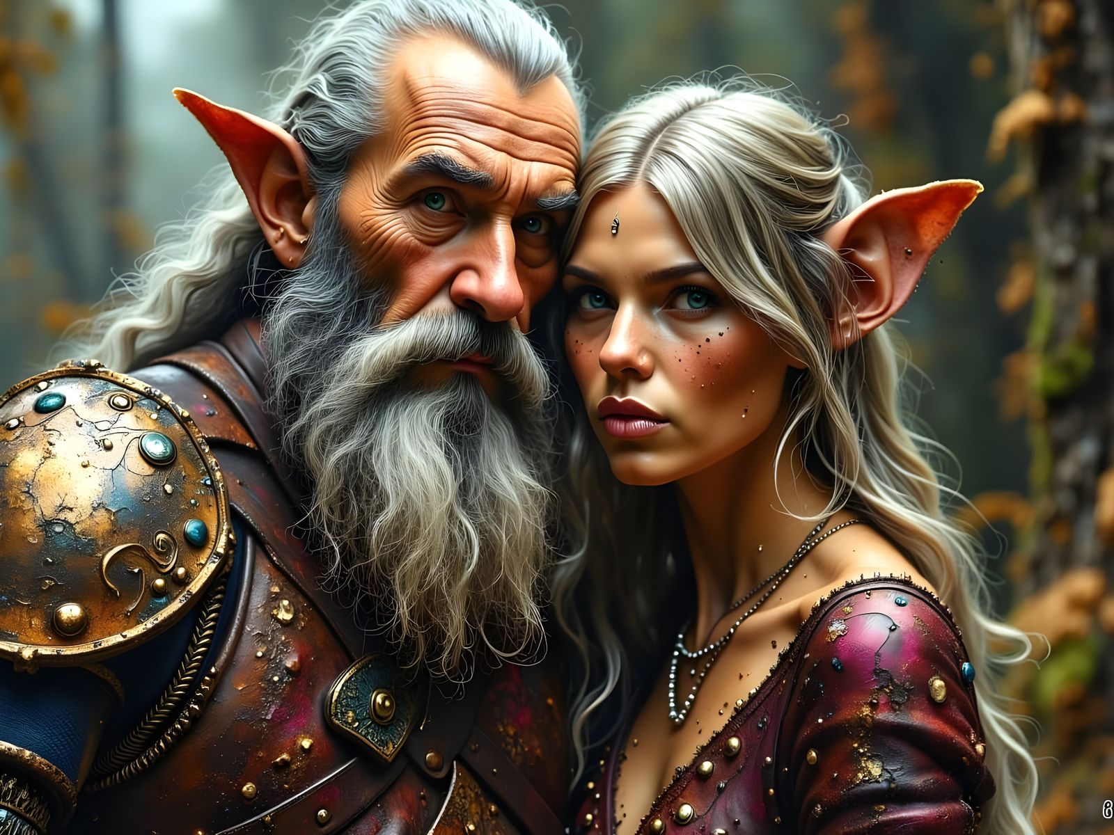 Timeless Dwarf Couple Embracing in a Whimsical Medieval Land...