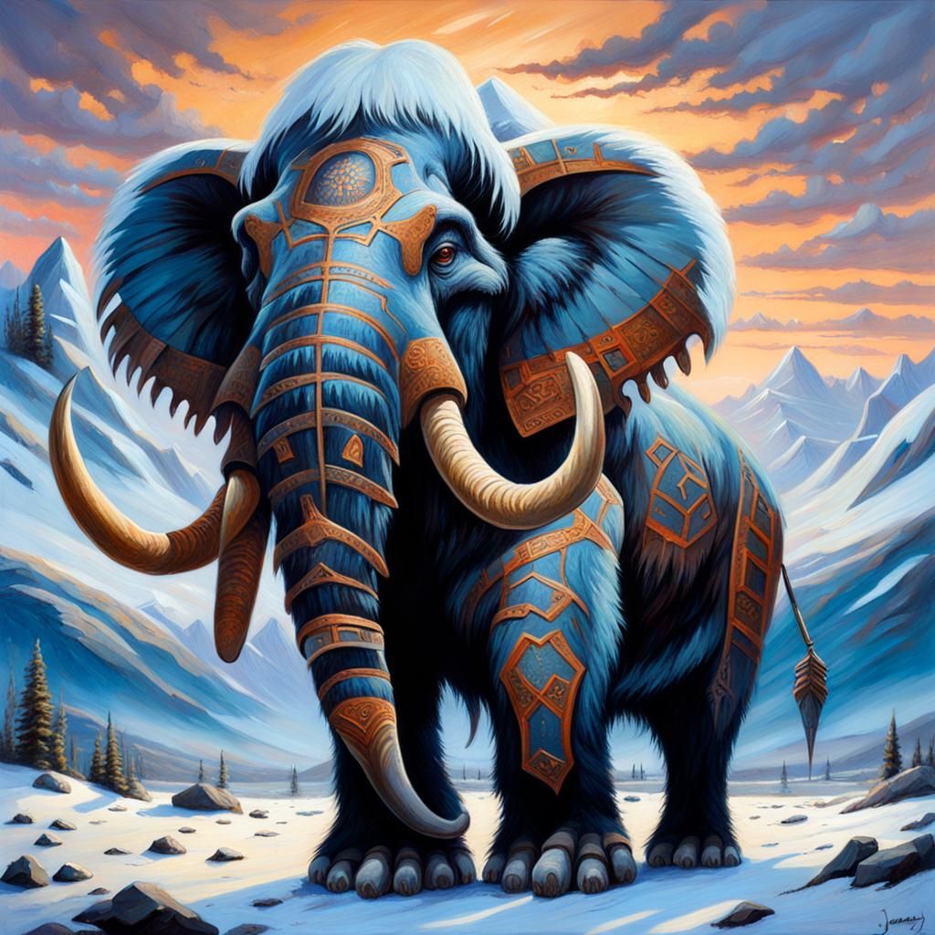 Runed Mammoth in Twilight Tundra: Gothic Fantasy Painting