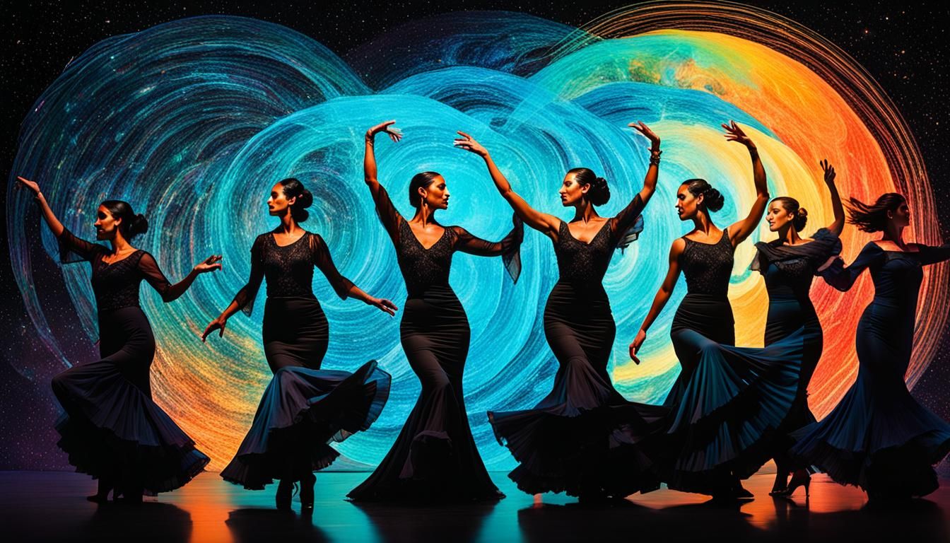 Bioluminescent Cosmic Serenade with Flamenco Dancers
